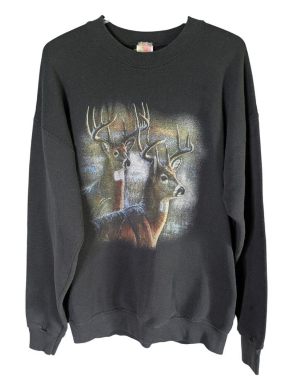 Vintage Fruit of the Loom Deer Graphic Black Crewneck Size Large
